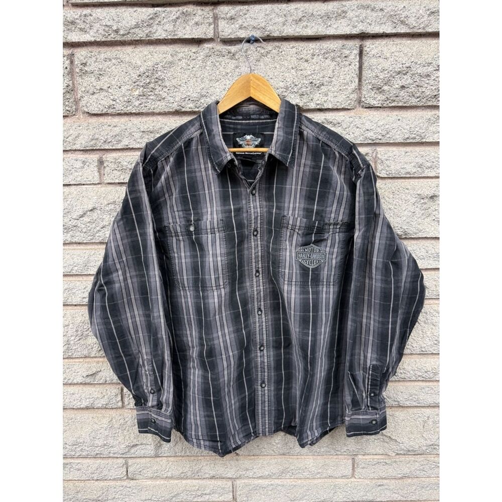 Harley-Davidson Men's Black and Gray Plaid Button-Down Shirt